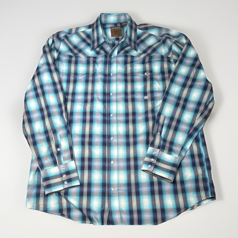 Roper Men's Western Show Shirt Blue Plaid Snap Button XL Long Sleeve Casual